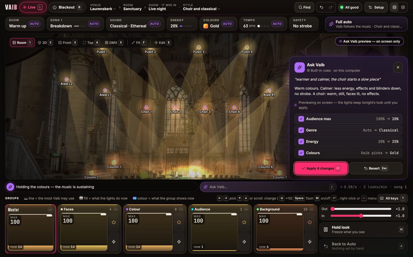 Ask Vaib open over the church view: the request “warmer and calmer, the choir starts a slow piece”, four ticked changes from and to — audience max, genre, energy, colours — and Apply 4 changes or Revert.