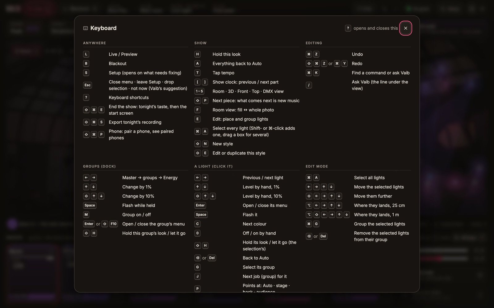 The keyboard sheet over the desk: shortcuts for Live and Blackout, the Show screen, the group strips, a picked light and Edit mode.