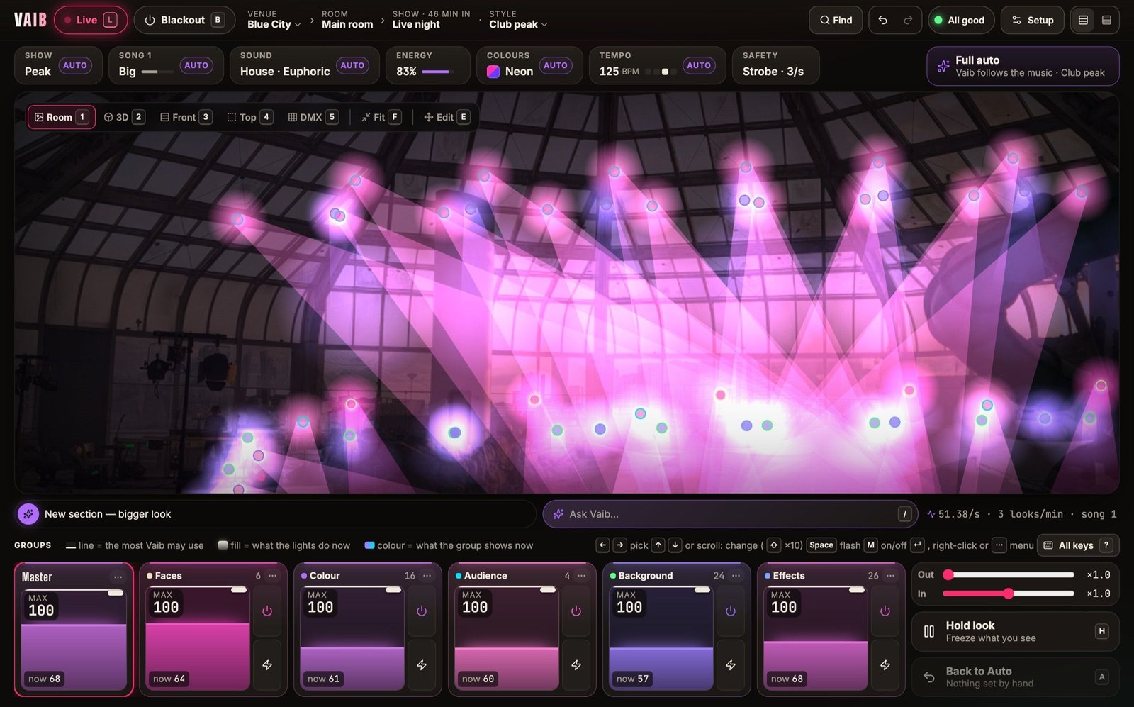 The Vaib desk, Live at Blue City: a glass dome lit pink and violet by dozens of beams at a drop, Club peak style, 125 BPM, the line reading “New section — bigger look”.