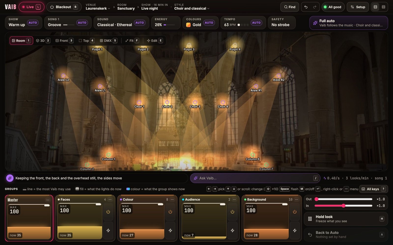 The Vaib desk, Live at Laurenskerk: the nave of a gothic church lit in warm gold beams, Choir and classical style, no strobe.