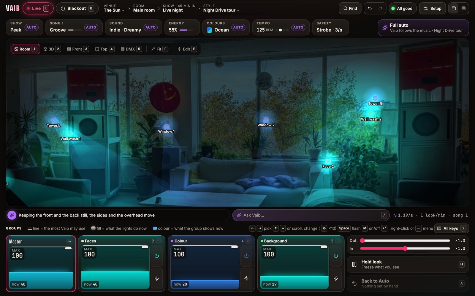 The same bar room at The Sun lit in ocean blues and teal by an artist’s Style called “Night Drive tour”.