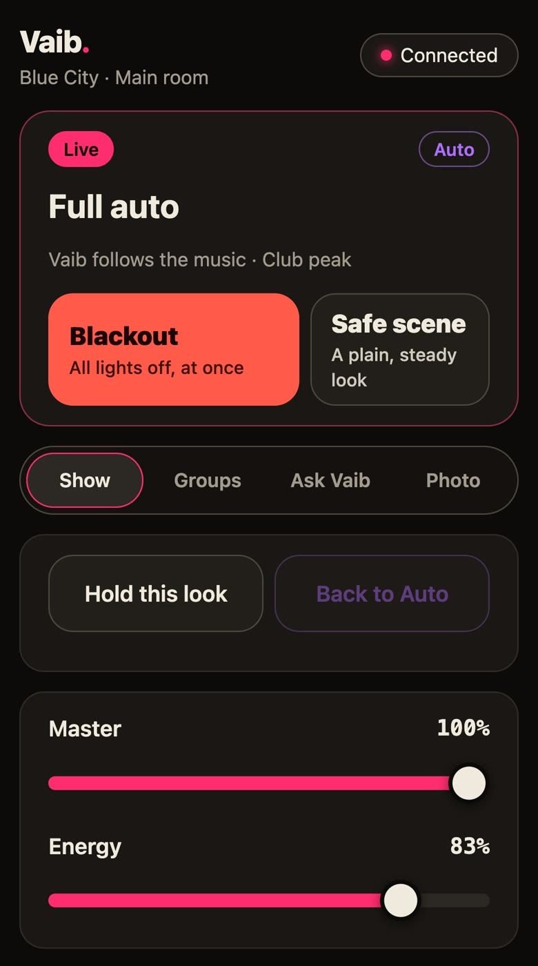 The Vaib phone remote, connected to Blue City: Live and Full auto, a large Blackout button and Safe scene, tabs for Show, Groups, Ask Vaib and Photo, Hold this look, and Master and Energy sliders.