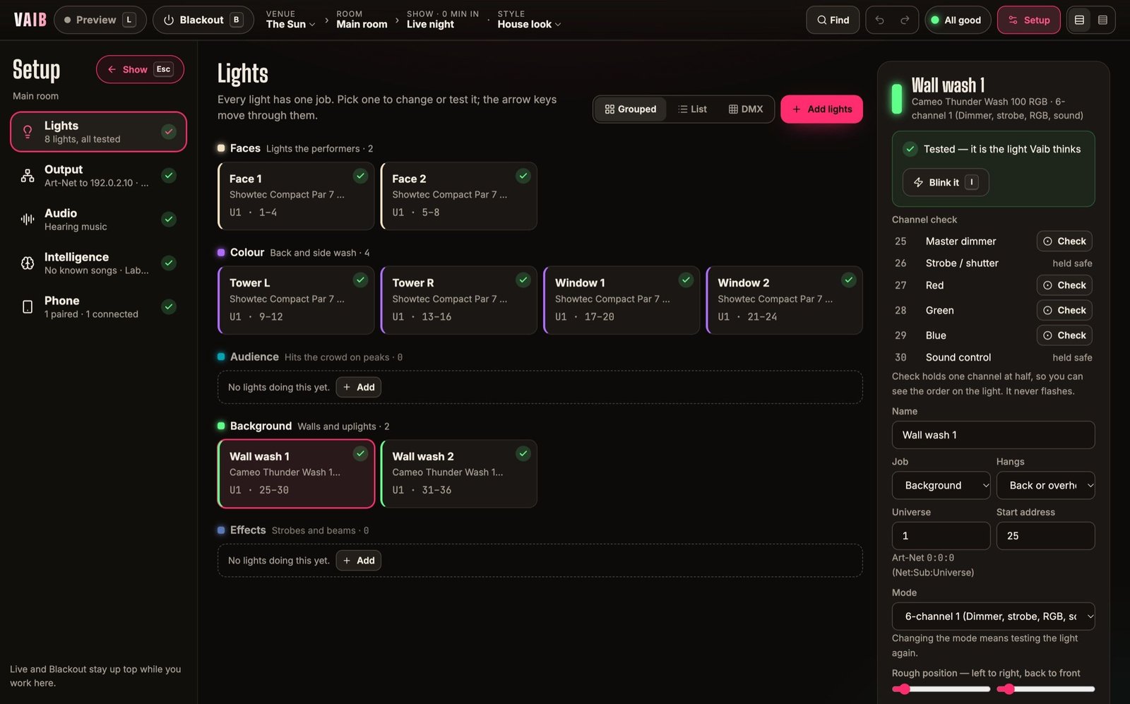 Setup › Lights at The Sun: eight lights shown as cards under their jobs — Faces, Colour, Background — each with a green tested mark and its DMX address; the picked light’s channel check on the right.
