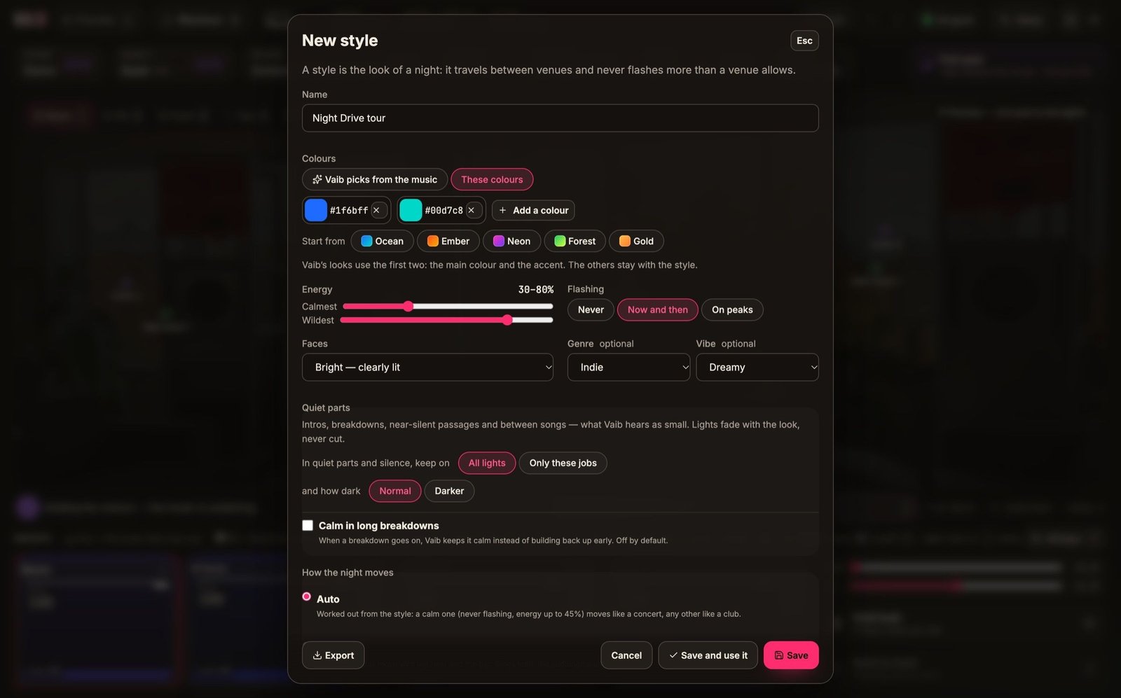 The Style editor making “Night Drive tour”: two colours, an energy range of 30–80%, flashing now and then, faces bright, genre Indie, vibe Dreamy, and what stays on in the quiet parts.