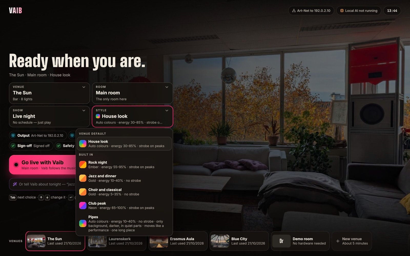 The Style menu on the start screen: House look, the built-in Rock night, Jazz and dinner, Choir and classical, Club peak and Pipes, each with its colours, energy and strobe rule.